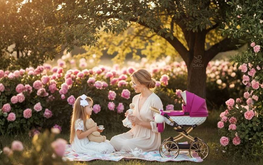 Dziewczynka i mama podczas zabawy realistycznym wózkiem dla lalek w ogrodzie.